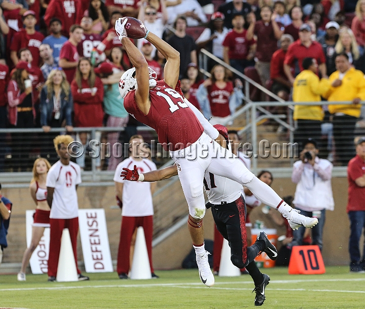 20180831SanDiegoatStanford-10.JPG - Stanford Cardinal wide receiver JJ Arcega-Whiteside (19) catches a touchdown pass during an NCAA football game against the San Diego State Aztecs in Stanford, Calif. on Friday, August 31, 2017. Stanford defeated San Diego State 31-10. 
